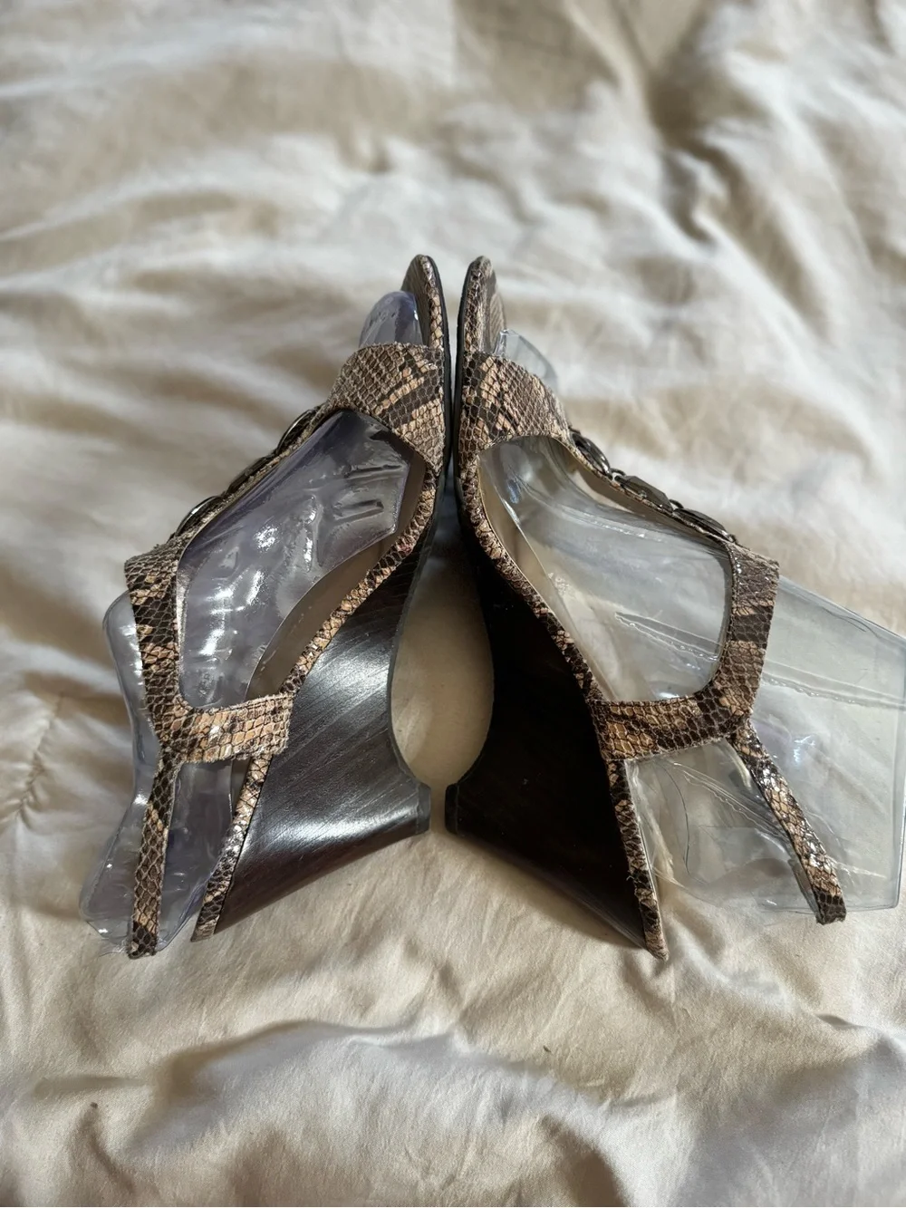Anne Klein Snake-Print T-Strap Heels with Gem Accents - Brown